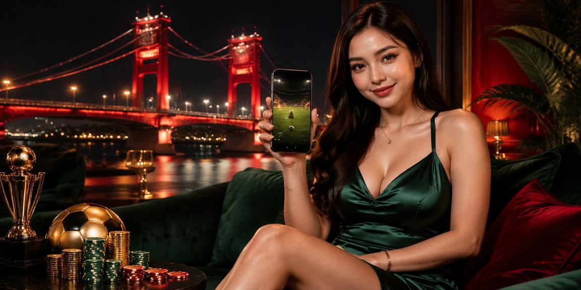 Model Vietnam menunjukkan antarmuka login casino mobile di malam hari