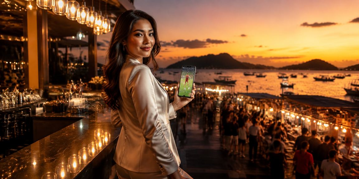 Suasana taruhan olahraga di pasar malam dengan layar digital menyala terang